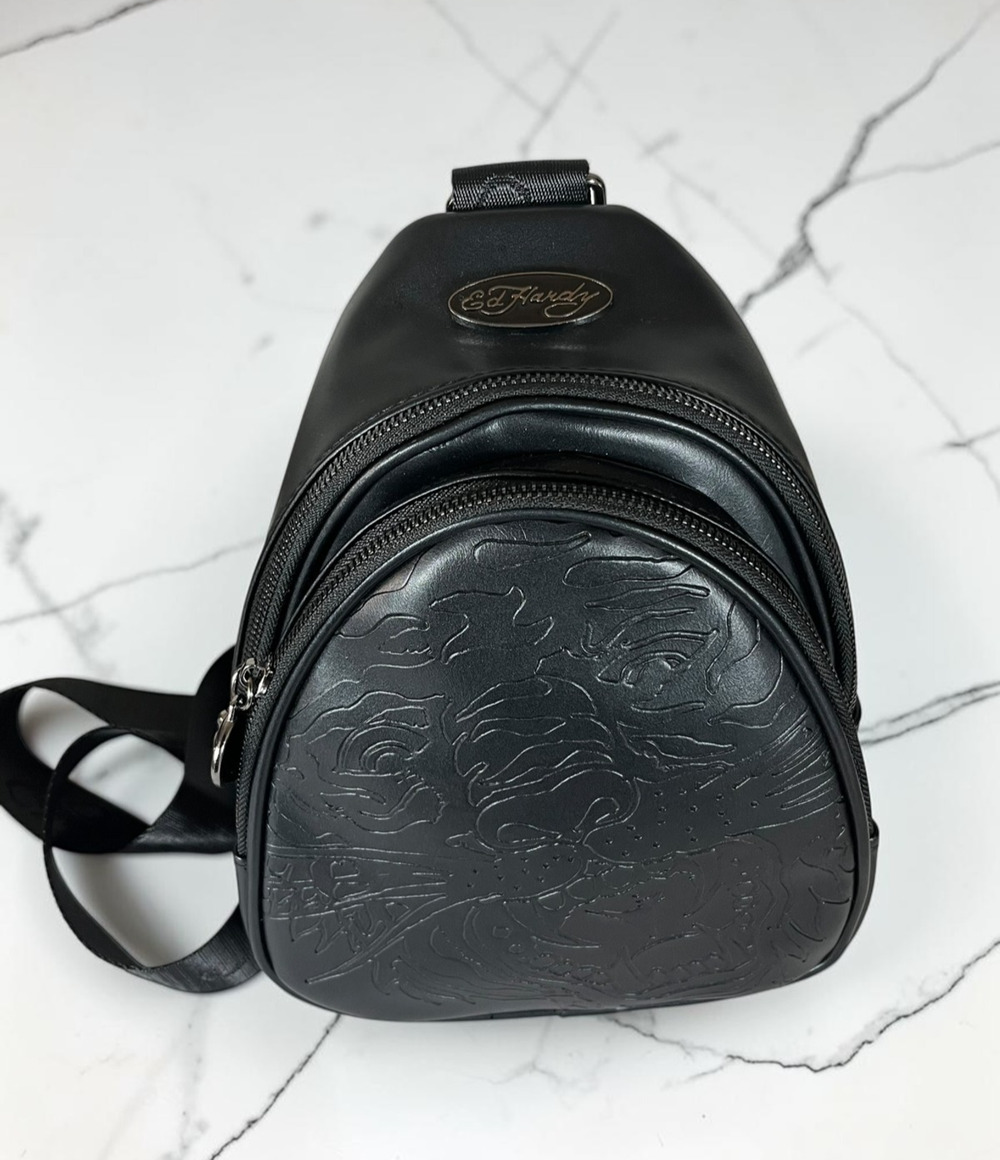 Ed Hardy Black Tattoo Embossed Sling Crossbody Bag Adjustable Strap NWT